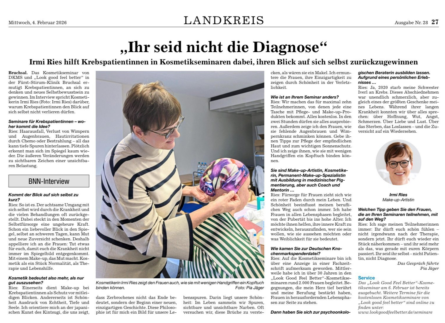 Das Interview mit Irmi Ries aus der Ausgabe Nr. 28 der Badischen Neuen Nachrichten / Bruchsal